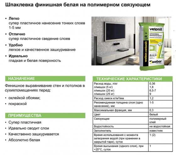 Шпатлевка финишная Vetonit LR+, 20 кг