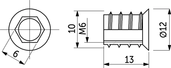 Гайка Rampa М6x10x13 с шестигран. углублением с буртиком AKS (61503) 10 шт