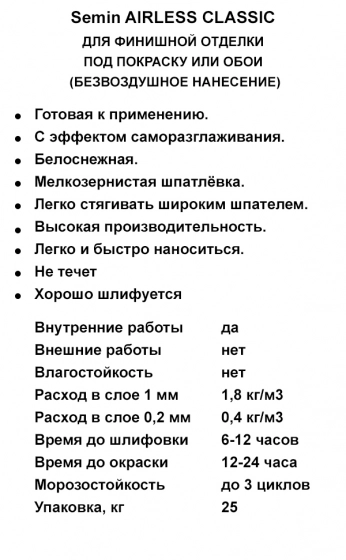 Шпатлевка финишная SEMIN AIRLESS CLASSIC (белая крышка) 20 кг