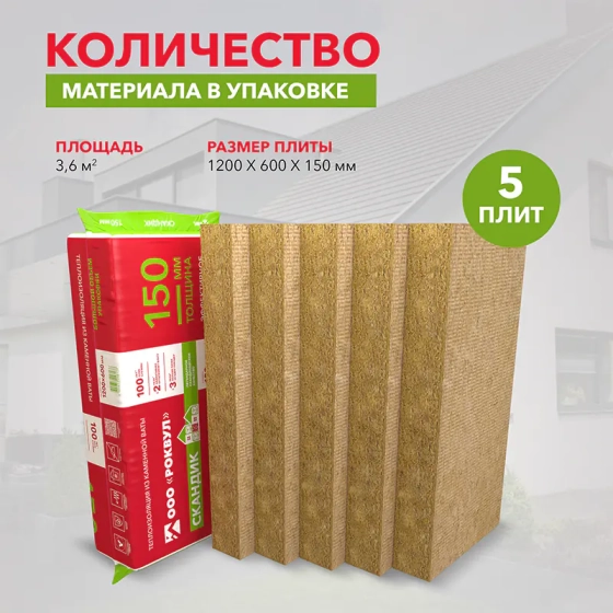 Минеральная вата Rockwool Лайт Баттс Скандик 150 мм (5 плит = 3,6 м²)