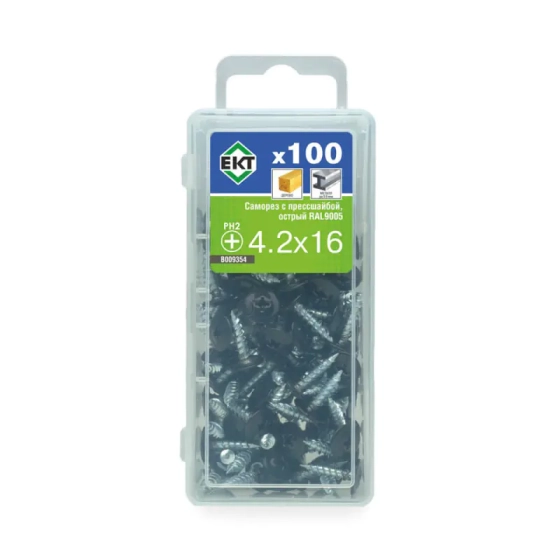 Саморез с прессшайбой ЕКТ 4,2x16 острый, RAL 9005, 100 шт (B009354)
