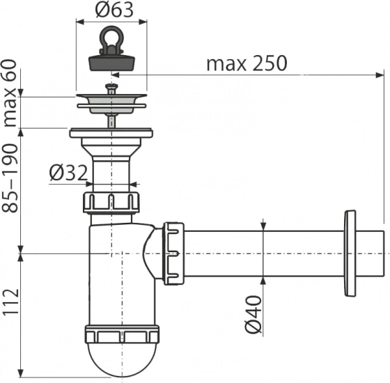 Сифон д/умывальника 40 с решеткой 63 + 6/4" × 40/50 Alcaplast A41+A770