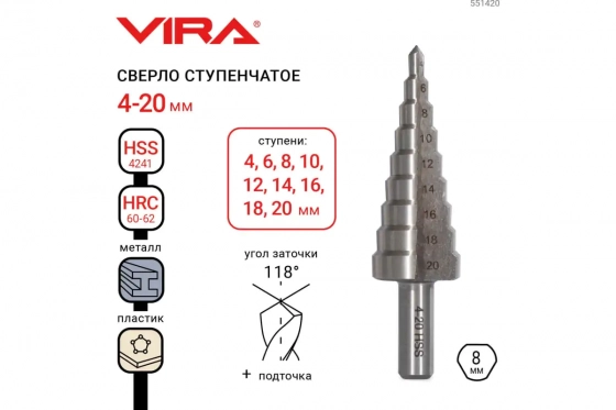 Сверло ступенчатое с трехгранным хвостовиком 4-20 мм VIRA RAGE 551420