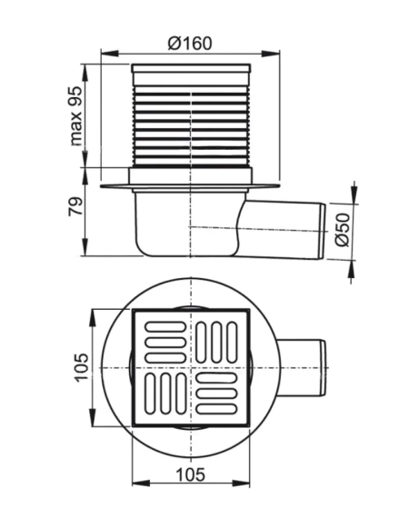 Трап для душа Alcaplast горизонтальный 105x105/50 APV1 BL 01