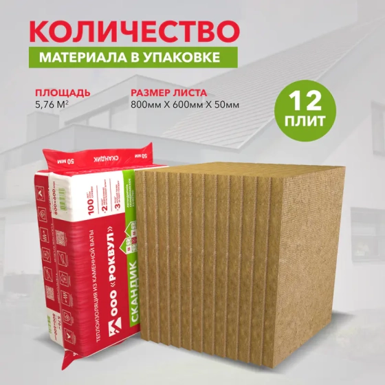 Минеральная вата Rockwool Лайт Баттс Скандик 50 мм (12 плит = 5,76 м²)