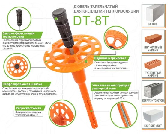 Дюбель для теплоизоляции 8х100 ЕКТ с термоголовкой DT-8T (75 шт) B009638