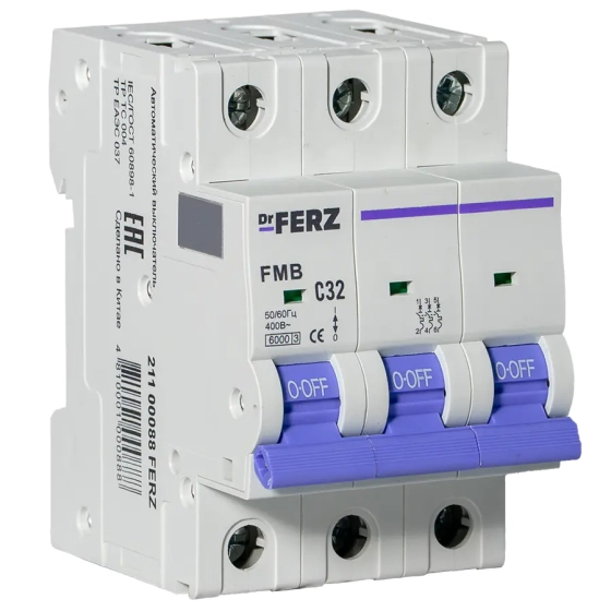 Автоматический выключатель DrFERZ FMB-C 6kA 3P 32A тип С (00088)