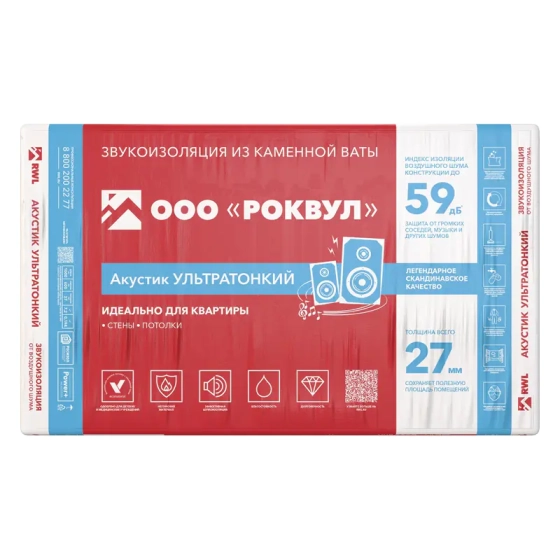 Минеральная вата Rockwool Акустик Ультратонкий 27 мм (12 плит = 7,2 м²)
