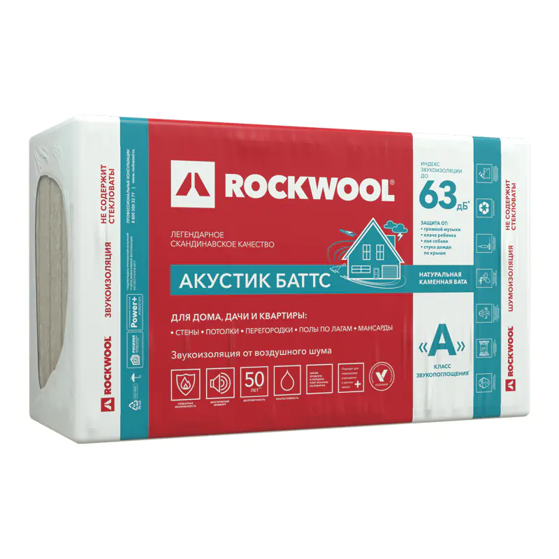 Тепло-звукоизоляция Rockwool Акустик Баттс 50 мм (в пачке 6 м²)